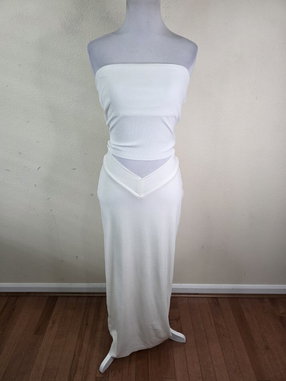 Naked Wardrobe Tank Top Maxi Skirt Stretch 2 Piece Set Women's LIvory Ribbed